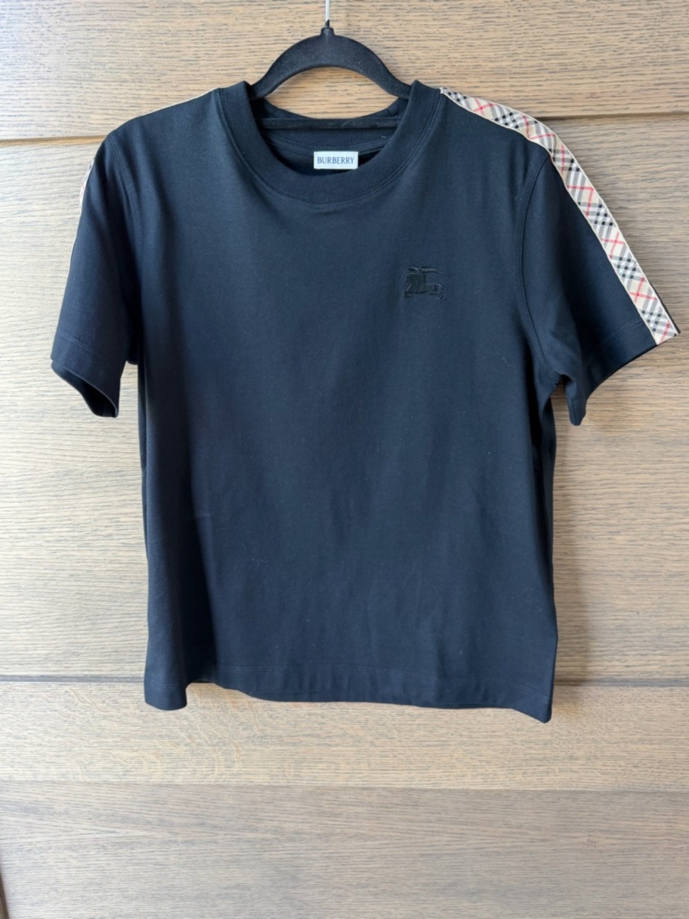 Burberry Black Kids Short-Sleeve Tee with Vintage Check Shoulder Stripe